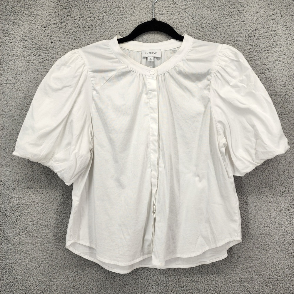 Evereve White Puff Sleeve Button Front Blouse Top Cotton Poplin Large